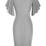 Notched Neck Flutter Sleeve Pencil Dress