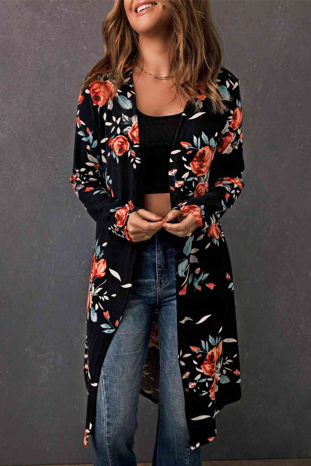 Double Take Printed Open Front Longline Cardigan