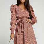 Leopard Belted Puff Sleeve V-Neck Dress