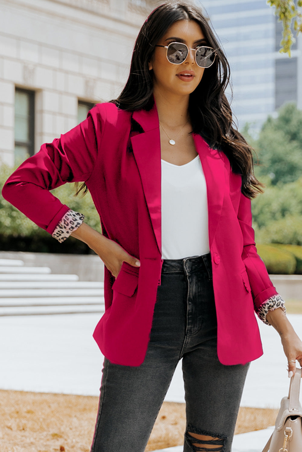 Rose Leopard Lining One-Button Lapel Collar Blazer