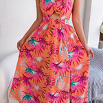 Botanical Print Tied Backless Cutout Slit Dress