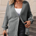 Button Down Horizontal-Ribbing Longline Cardigan